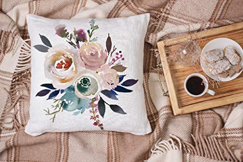 Pakaku Throw Pillow Covers, Light Blue Pink Gray White Watercolor Floral Round Bouquet Navy Peach Home Sofa Cushion Cover Pillowcase Gift Double-Sided Pattern 18 X 18 Inch #TOP2