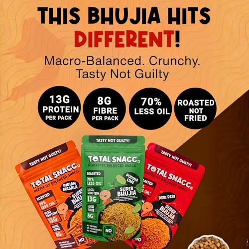 Image of TOTAL SNACC Roasted Protein Bhujia Combo (70g x 6 Packs) | 13g Protein & 8g Fibre per pack | 70% Less Oil | No Palm Oil | Indian Masala, Peri Peri, & Pudina Lime | Healthy Snacks Combo | Millet Bhujiya | Baked Bhujia Sev | Baked Namkeen | Diabetic Friendly | Low Calorie