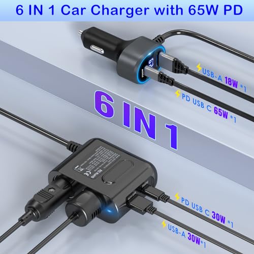 Cigarette Lighter Splitter 12V Plug 2-Socket with PD 65W Port, Car USB Charger Multi Port 300W 12V/24V Adapter with Voltage Display and 15A Fuse for All Car Devices, DC Outlet Car Accessories