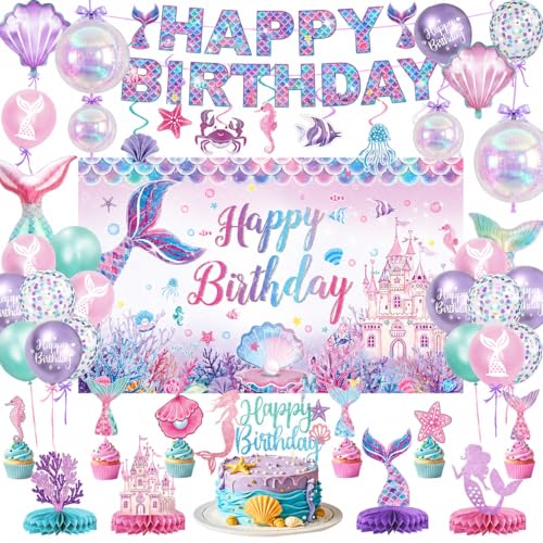 NKPDAXM Mermaid Birthday Decorations – Includes Banner, Backdrop, Foil & Latex Balloons, Hanging Swirls, Cake & Cupcake Toppers, Honeycomb Centerpieces for Girls Mermaid Party Decorations