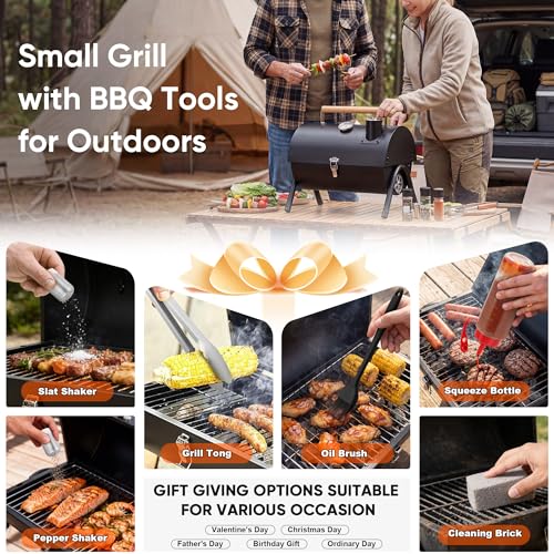 Image of Portable Charcoal Grill with 6 BBQ Tools, HaSteeL Compact Tabletop Barbecue Grill with Thermometer, Small Smoker for Outdoor Camping Backyard Beach BBQ, Thick Steel, Easy to Assemble
