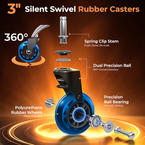Image of Office Chair Wheels for Casters Replacement - 3 inch Rubber Wheels for Computer Gaming Desk Caster Smooth & Safe Rolling for All Floors Including Hardwood and Carpet - Set of 5 - Blue