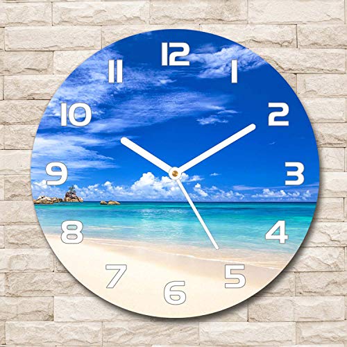 Horloge en verre rond 30cm Tulup avec impression plage tropicale et aiguilles blanches