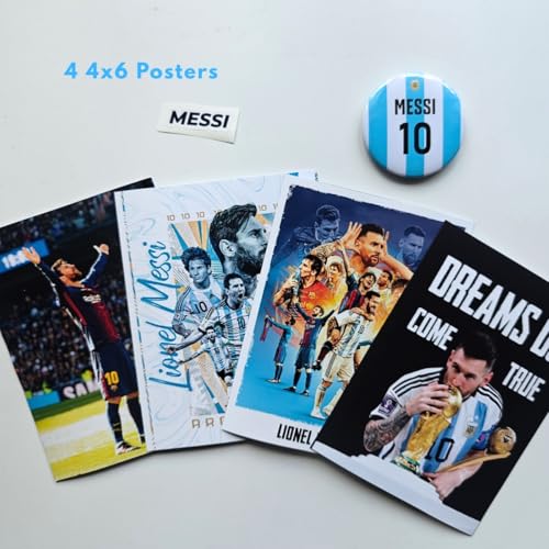 Image of TenorArts Lionel Messi Gift Box Merchandise for Fans - 5x7 Inches Laminated Photo Frame,1 Messi Keychain, 1 Badge, 4 4x6 inches Sized Posters, Multi sized Stickers - 5 items in 1 Box | Perfect for Gifting Football Fans
