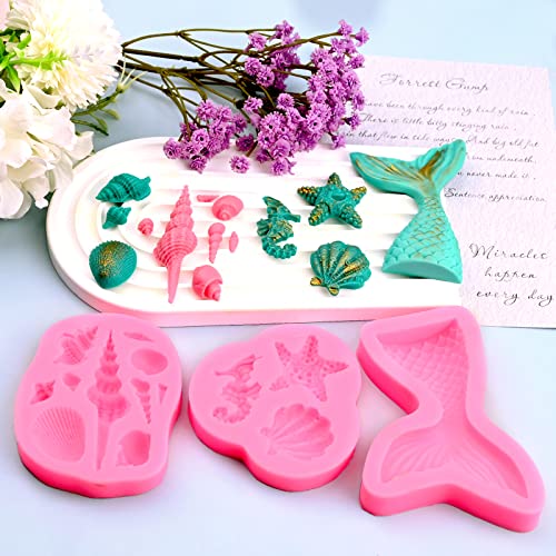 Image of SAKOLLA Mermaid Theme Silicone Fondant Mold - Mermaid Tail Seashell Starfish Hippocampus Conch Silicone Mold for Under The Sea Cake Decoration, Gum Paste, Polymer Clay, Cupcake Decor, Sugar Craft