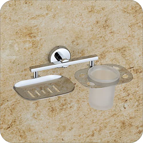 EASYHOME FURNISH soap Dish with Toothbrush Holder Tumbler Stand for washbasin sabu dani and Brush Holder for Bathroom Tumbler Holders dispensers 37(304 Stainless Steel,Chrome Finish,Frosted Glass)