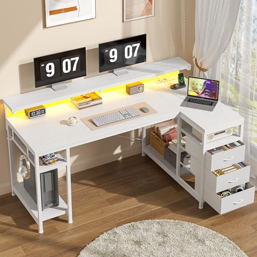 Klyvvo Escritorio L con 3 Cajones, 120x80 Mesa Escritorio Gaming en L con LED, Soporte para Monitor, 2 Enchufes y 2 Puertos USB, Mesa en L para Trabajo y Juegos, para Oficina, Estudio y Cámara de Cama