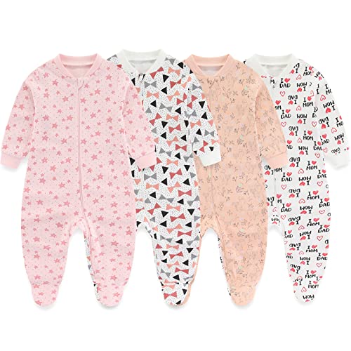 Image of MAMIMAKA Newborn Baby One-Piece Footies Romper 2-Way Zip Cotton Bodysuit Long-Sleeve Jumsuit 4-Pack, 0-12 Months