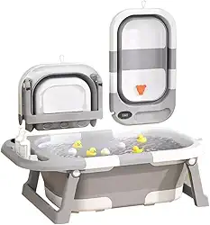 Banheira Bebê Dobrável Cinza com Termômetro Digital, Portátil e Compacta para Viagem e Apartamento