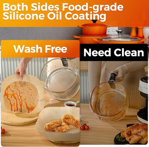 Image of PureBake 100 Pcs Air Fryer Paper Sheets, Disposable Paper Liner, Parchment Paper for Airfryer & Microwave, Oil Proof for Frying, Baking, Cooking, Roasting (Square, 8 Inch, with Oil Brush)