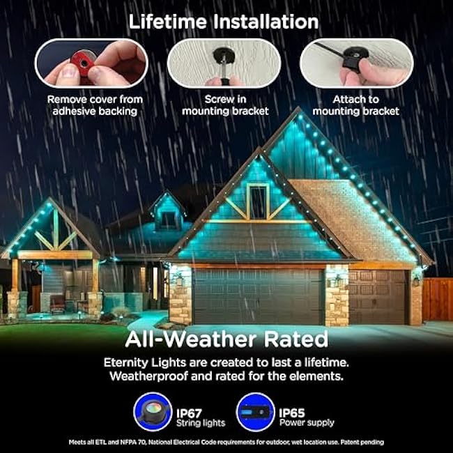 Enbrighten Eternity Permanent Outdoor Lights, 100ft with 72 RGBWIC LEDs, Smart Eave Lights, Endless Light Colors, Daily and Accent Lighting, IP67 Waterproof, Compatible with Alexa, Google Home, 82730