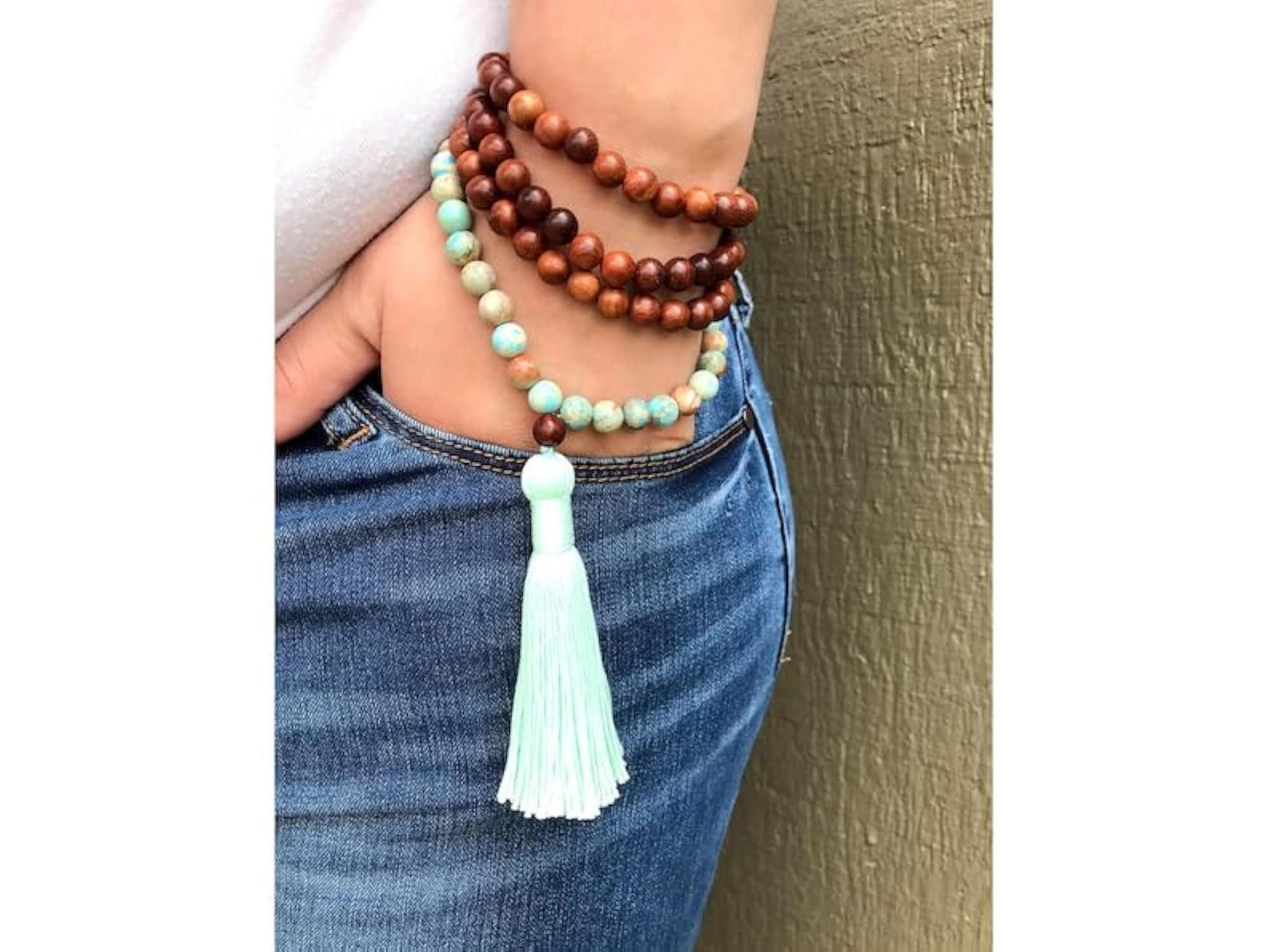 Natural Emperor Jasper & Wood Beads 6MM Beaded Handmade Prayer Mala Necklace