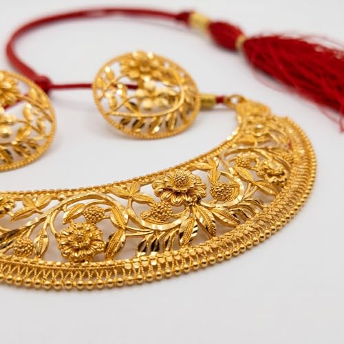 Image of Gold Plated Floral Choker Necklace Set for Women with Earrings