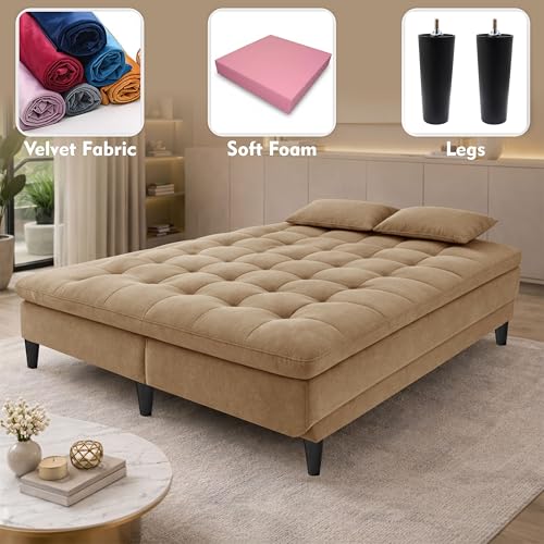 Image of Modern 3 Seater Sofa Cum Bed | Tufted Backrest | Velevt Fabric Upholstery | Living Room Furniture-Golden