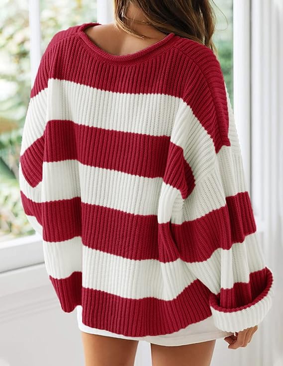 Image of Women's Striped Knitted Pullover Crew Neck Fall Winter Sweater Long Sleeve Color Block Jumper