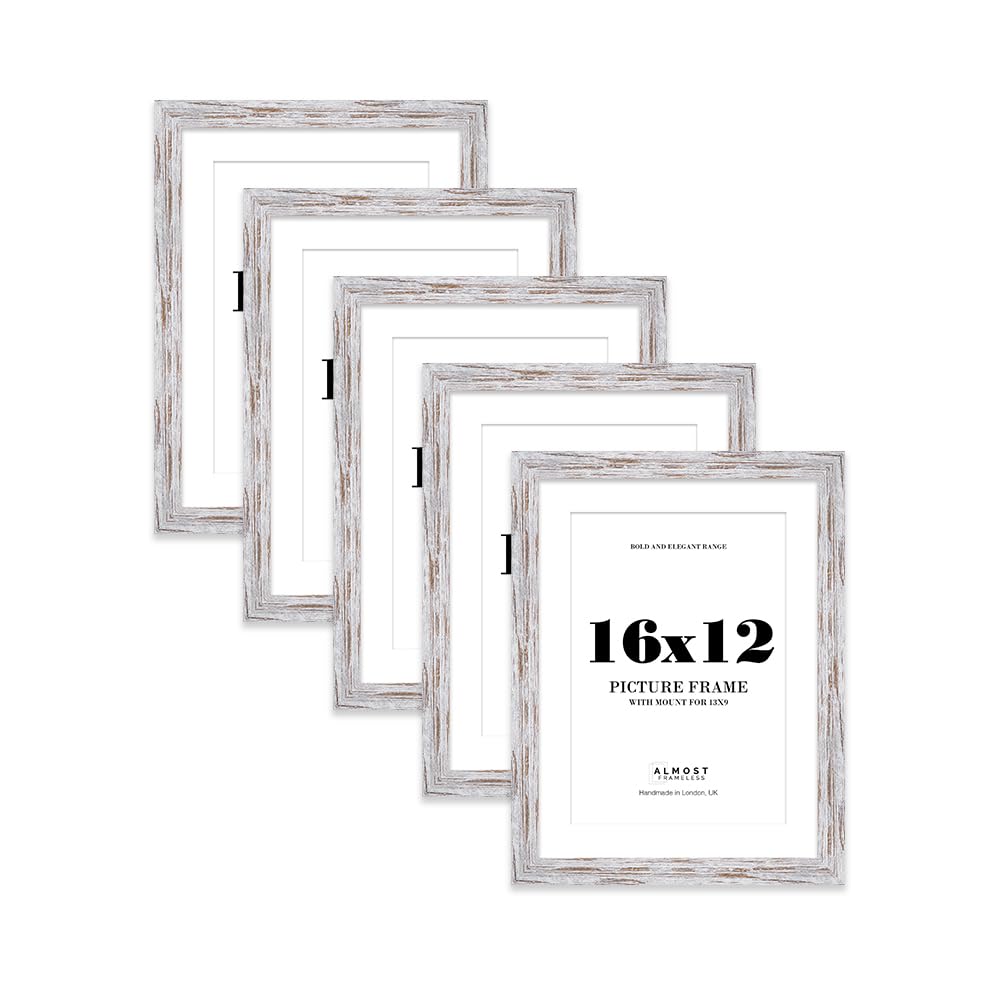 16x12 Distressed Wood Frame With Mount for 13x9 Pictures 28mm Edge Portrait and Landscape Display with Wall Hooks, 5 Pack