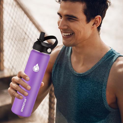 Image of SENDESTAR Stainless Steel Water Bottle, Wide Mouth Water Bottle 24 oz with Straw Lid, Spout Lid, Double Wall Vacuum Insulated Leak Proof, Keeps Liquids Hot or Cold (Violet)