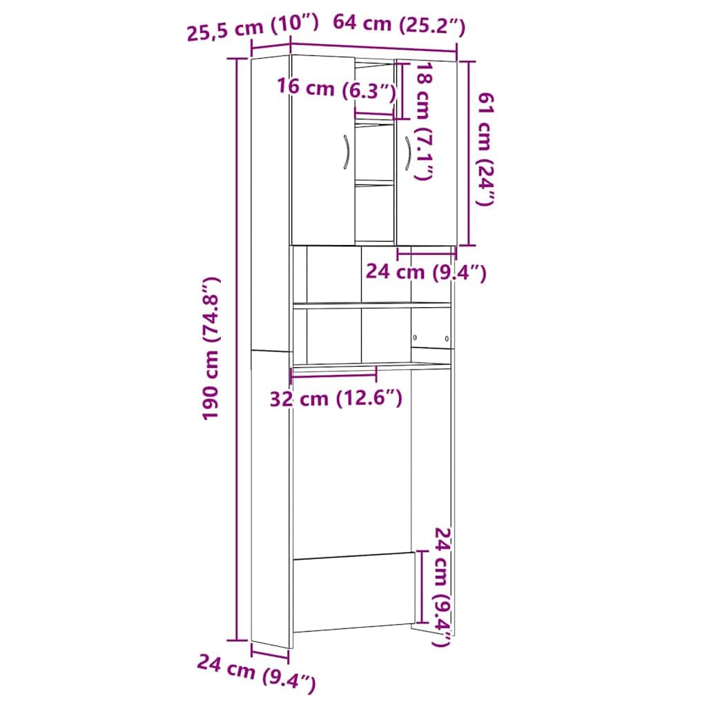 vidaXL Mobile per Lavatrice Rovere Nero 64x25,5x190 cm