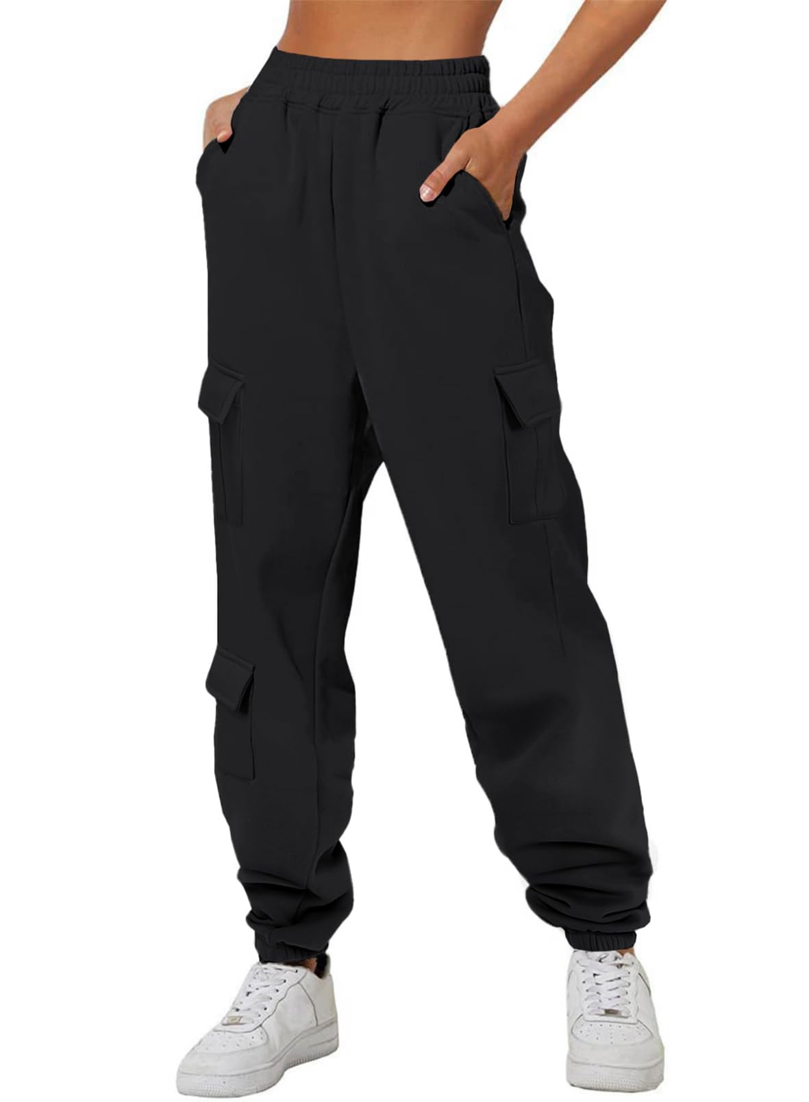 Aleumdr Cargo Sweatpants for Women Fleece Lined Joggers with Pockets High Waisted Sweatpants Baggy Athletic Casual Pants
