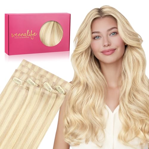 Image of WENNALIFE Invisi Edge Clip in Hair Extensions Real Human Hair, 16 Inch 130g 7pcs Balayage Light Wheat Platinum Blonde Seamless Clip in Extensions Remy Hair Clip Ins Invisible PU Skin Weft Straight Ext