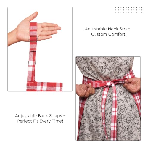 Image of Encasa XO Cotton Cooking kitchen Apron for Women and Men chef apron With adjustable neckstrap, Pocket & Towel Holder for Easy cooking, Baking, BBQ, Gardening- Franca Red Checks, 68x85 cm