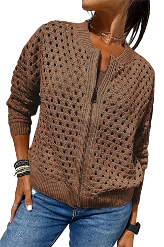 Women's Casual Hollow Knitwear Zipper Jacket, Womens Zip up Crochet Cardigan Sweater, Oversized Lightweight Jacket