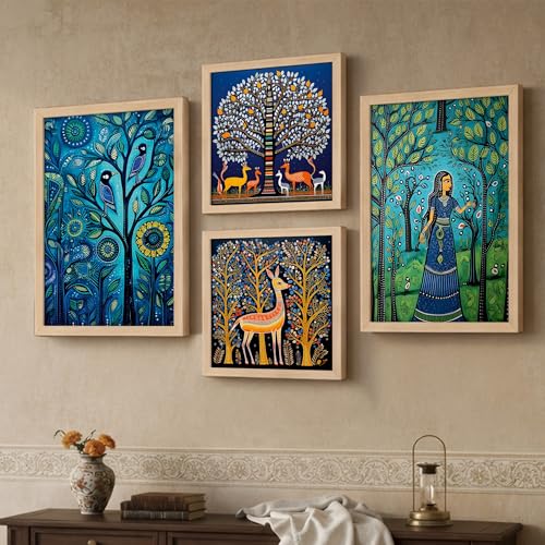 Image of NoWorries Traditional Folk Art Wall Frame Set of 4 | Ethnic Indian Painting Wall Decor | Wooden Framed Wall Painting for Living Room, Bedroom, Hall and Office | Decorative Home Interior Wall Frames.