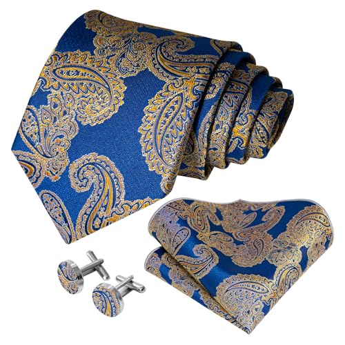 Image of 5PCS Mens Silk Designer Tie, Pocket Square, Cufflinks, Drilled Tie Ring and Lapel Pin Set for Wedding Groom Party