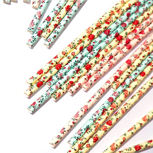 Floral Paper Straws (75 Pack, Pink, Blue, Yellow) Vintage Flower & Rose Designs, Biodegradable Eco Friendly Disposable Party Straws For Party & Events By Jpaco #TOP1