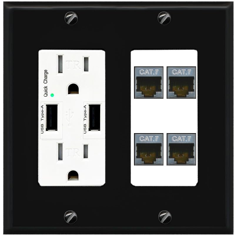 RiteAV 4 Port Cat7 Shielded Ethernet Wall Plate - USB Outlet [Black/Black]