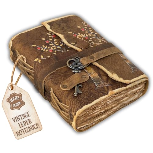 Urban Leather Lebensbaum Herz Print Vintage Leder Tagebuch mit Schlüssel Notizbuch mit Altem, Unliniertem Büttenrand und Handgefertigten Seiten, Geschenk für Männer und Frauen
