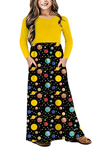 TUONROAD Girls Ankle-Length Swing Dress Party Banquet Outdoor Picnic Long Maxi Dress Long Sleeve Yellow Black