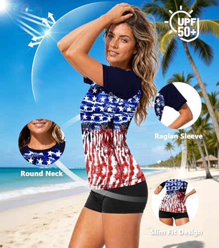 Image of AOBUTE Women Short Sleeve Rash Guard UPF 50+ Tropical Sun Protection Floral Swim Shirts