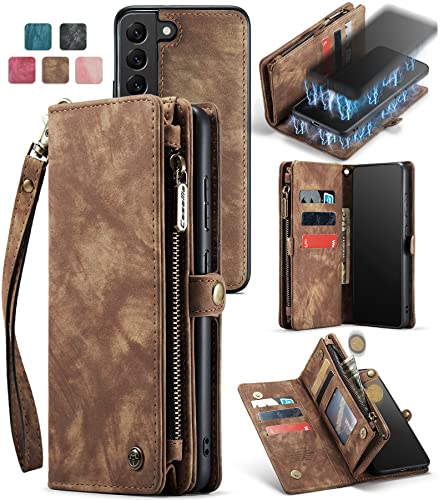 Arlgseln Case for Samsung Galaxy S21 2021, Genuine Leather Wallet Detachable Magnetic Cell Phone Cover Zipper Purse RFID Blocking Card Slot Holster for Samsung Galaxy S21 2021 (S21, Brown)