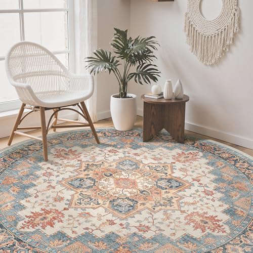 GENIMO Vintage Blau Teppich Rund 200cm Waschbar & rutschfest – Ansicht 1