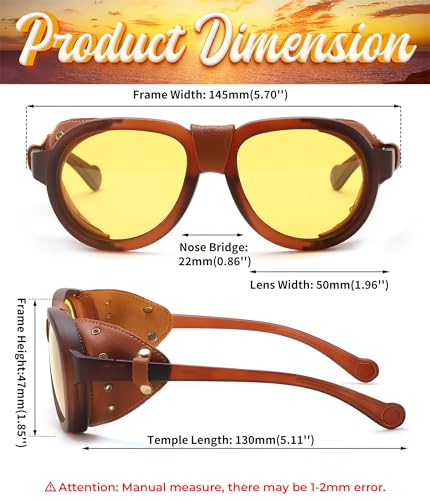 FEISEDY Steampunk Sunglasses Women Men，Polarized Yellow Lens, Retro Round Vintage Frame Leatherwear B01594