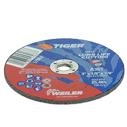 Image of Weiler 57063 3-Inch Cutting Wheel, Tiger AO Steel /Metal Long Life, Performance Cutting, 1 /8 inch A36T Type 1 3 /8 inch Arbor (Pack of 100)