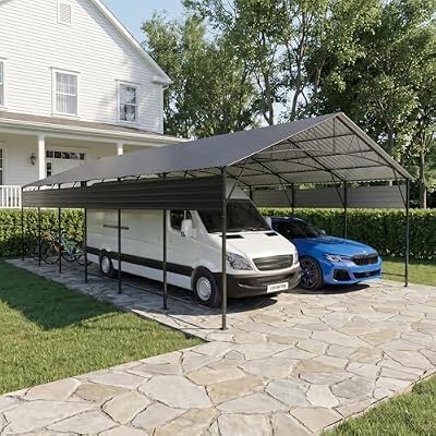 Greesum 20x30FT Heavy Duty Metal Carport with Side Support Rods, Car Port with Vertical Steel Roof for All-Weather Use, Canopy Shelter for Car, Pickup Trucks, Party, Boats, Black
