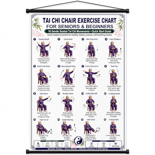 Tai Chi Chair Workout Chart Poster 24x16 Inch Seated Exercise Guide for Seniors&Beginners Low Impact Home Fitness Training Wall Chart Rehab&Balance Practice Home Gym Wall Decor Unframed (Women)