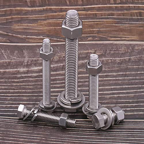 Image of (4 Sets) M10-1.5 x 80mm Hex Bolt Kit, 304 Stainless Steel (18-8), Includes Hexagon Head Screws and Nuts, Flat & Lock Washers, Full Coarse Thread, for Machinery, Automotive, DIY