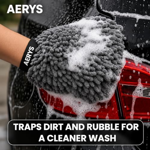 Image of AERYS Chenille Microfiber Wash Mitt with 6 Month warrenty - Ultra Soft, Extra Plush, Dual Sided, Scratch Free and Super Absorbent Car Duster Gloves - Premium Car and Bike Washing Accessories
