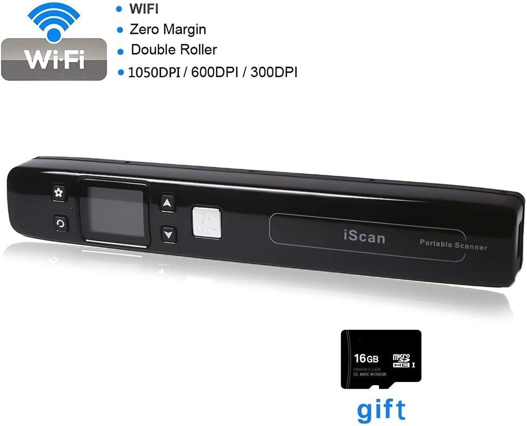FLAGPOWER WiFi Portable Document & Image Scanner Magic Wand Built in WiFi Function with High Resolution(1050 dpi), Handheld Wireless Scanner Include 16G Micro SD Card,Buildt-in Battery (Black)