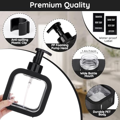 Image of Black Foaming Soap Dispenser Bottle - 300ml Refillable Pump Container for Hand Soap, Shampoo, Face Cleanser & More - Modern Square Design for Bathroom, Kitchen, Travel Use 1pc