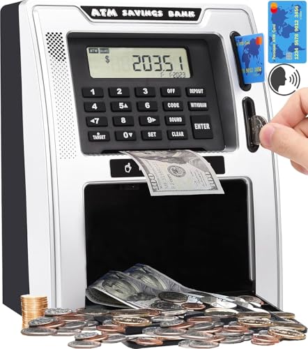 Fishboy Talking ATM Piggy Bank for Kids with Dual Debit Cards, Power-Off Memory, Auto-Opening Drawer for Real Money for Boys, Onekey Shutdown, Bill Feeder, Coin Recognition, Balance Calculator Machine