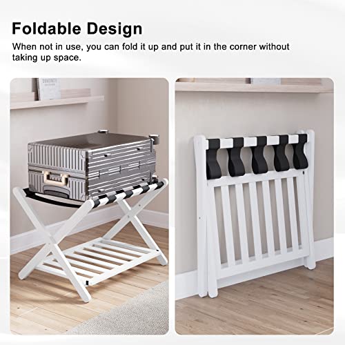 Smuxee Fully Assembled White Luggage Rack Pack of 2, Bamboo Foldable Suitcase Stand with 5 Nylon Straps, Luggage Holder with Shelf for Guest Room Bedroom Hotel (White Luggage Rack 2pcs)