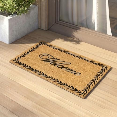 Image of ATMAH Welcome Leaf Border Coir Door Mat 45 x 75 cm | Heavy Duty Entrance Mat | Anti Slip PVC Backing | Indoor & Covered Outdoor Doormat