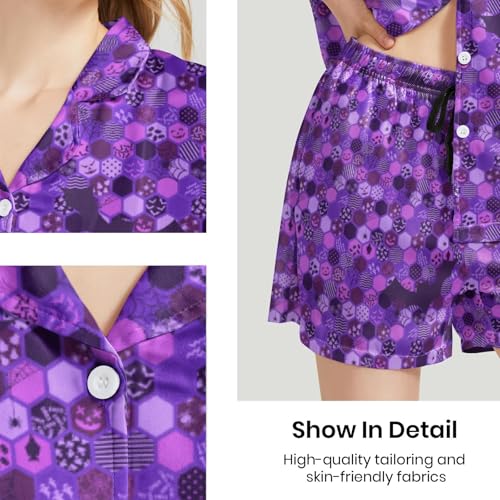 Image of Funny Pajamas for Women Set Print Satin Loungewear Pjs Short Sleeve Button Down Top and Shorts Sets Sleepwear XS-3XL