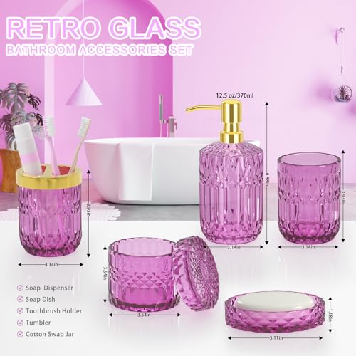 Purple Bathroom Accessories Set, Glass Soap Dispenser and Toothbrush Holder Set with Rust Proof Stainless Steel Pump, 5pcs Elegant Modern Bathroom Decor Sets, Birthday&Wedding Gift&Housewarming Gift - Thumbnail 2