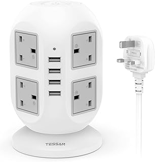 Tower Extension Lead 3M Cable, TESSAN 8 Way Surge Protected Multi Plug with 4 USB Ports, Extension Cord Double Switched, Vertical Power Strip Socket for Home Office, Grey