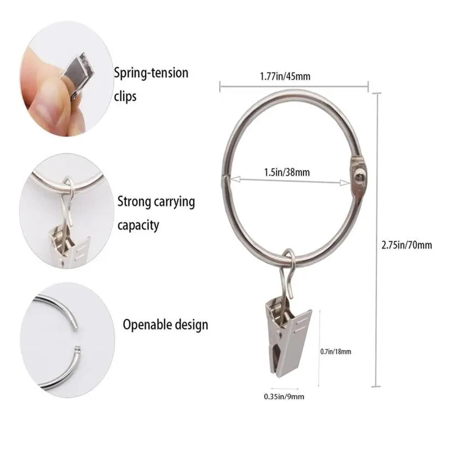 Gardinenringe Vorhangringe mit Clips, Metallvorhanghaken, Kleiderbügel, Clips mit Ringen, Vorhangzubehör(Silver,20Pcs)
